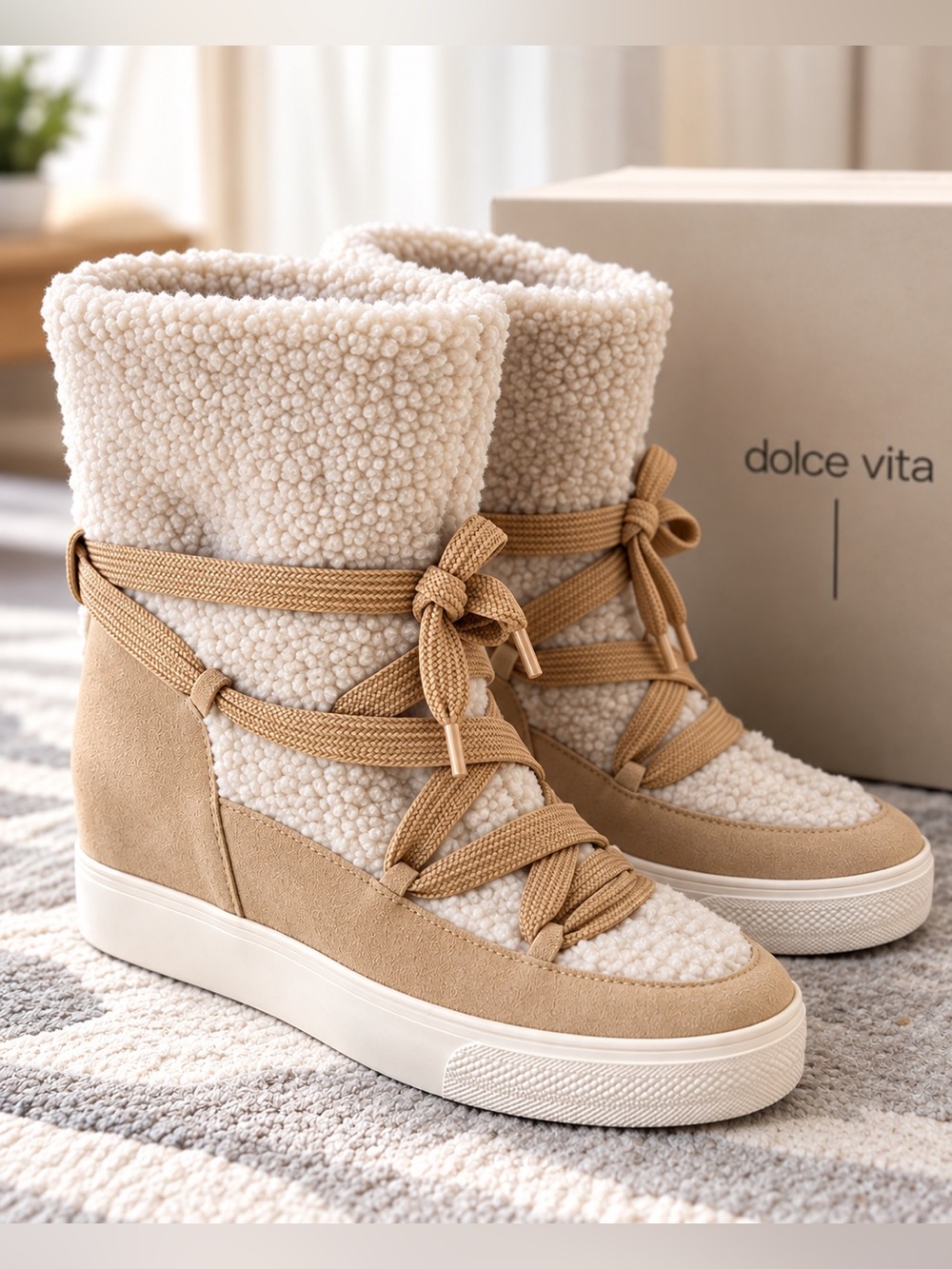 Dolce Vita Beige Sherpa-Lined Wedge Lace-Up Boots